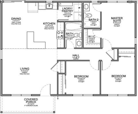 Floor plan for 3 beds, 2 baths, 1300 sqft